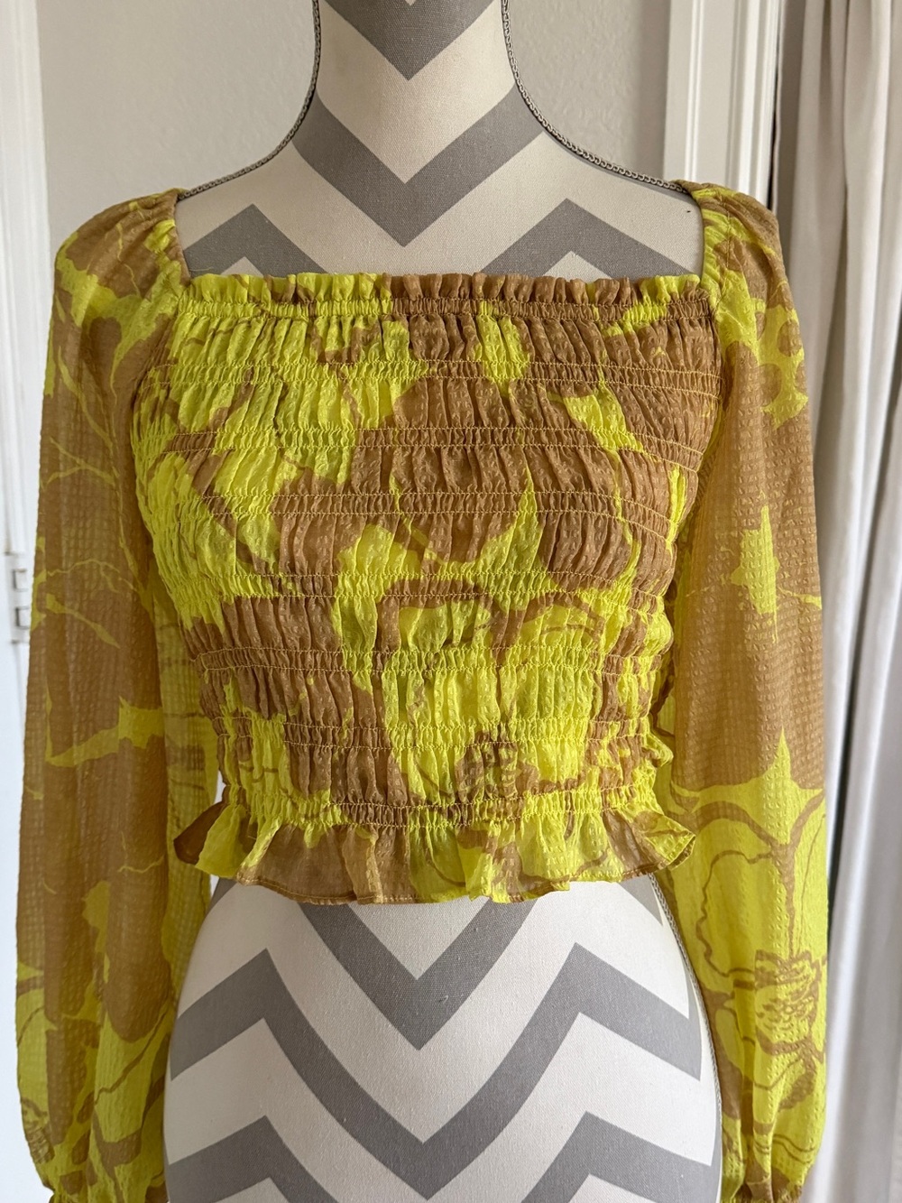 Smocked Floral Peasant Top in Yellow and Brown
